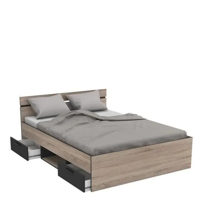 DEMEYERE Michigan Lit adulte 140x190 cm - 2 tiroirs et 1 niche - Industriel - Décor chêne brossé et noir-7