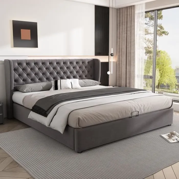 BM Lit double capitonné 180x200cm en velours gris, Lit fonctionnel hydraulique avec sommier à lattes et espace de rangement, Gris-1