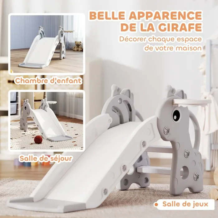 Toboggan pour enfants - AIYAPLAY - 3 en 1 - en forme de girafe - panier de basket, escalade et ballon - 106 x 51,5 x 52 cm - gris-5