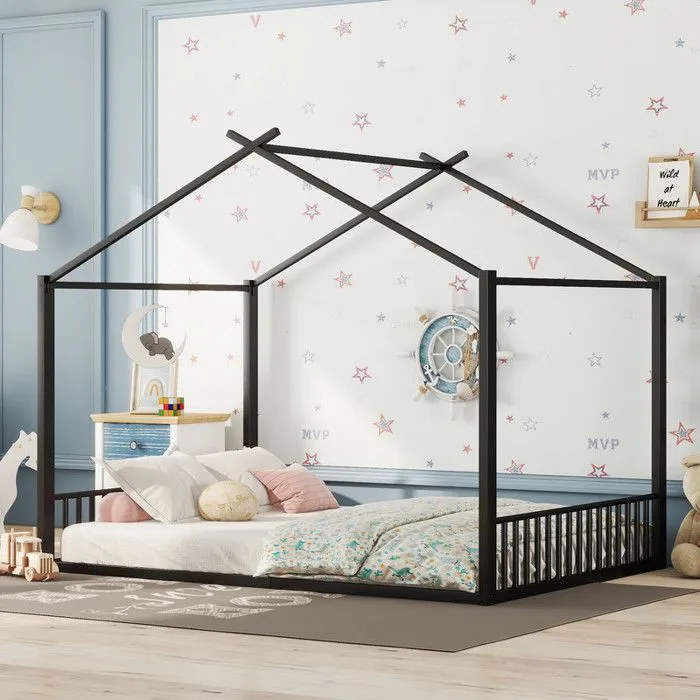 Lit enfant - lit cabane - 140x200cm - Métal noir - Sommier à lattes inclus - 1 place-0