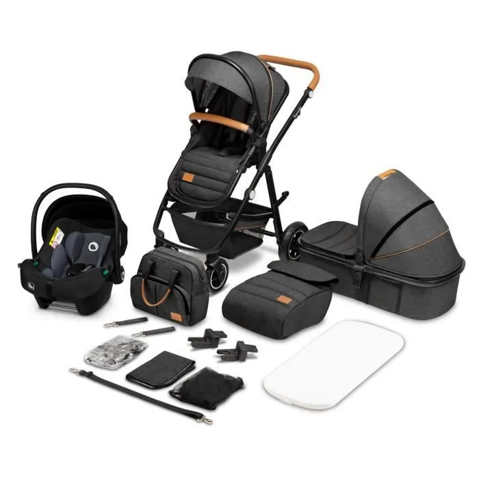 LIONELO Amber - Poussette bébé 3en1 - Jusqu'à 22Kg - Inclu nacelle, cosy, siège auto, sac et accessoires - iSize - Gris foncé-0