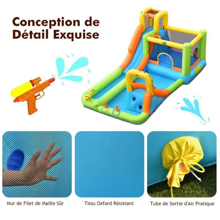 COSTWAY Aire de Jeux Gonflable avec Souffleur 680W Parc Aquatique Double Toboggans Panier de Basket, Lanceur de Points Balles Cibles-2