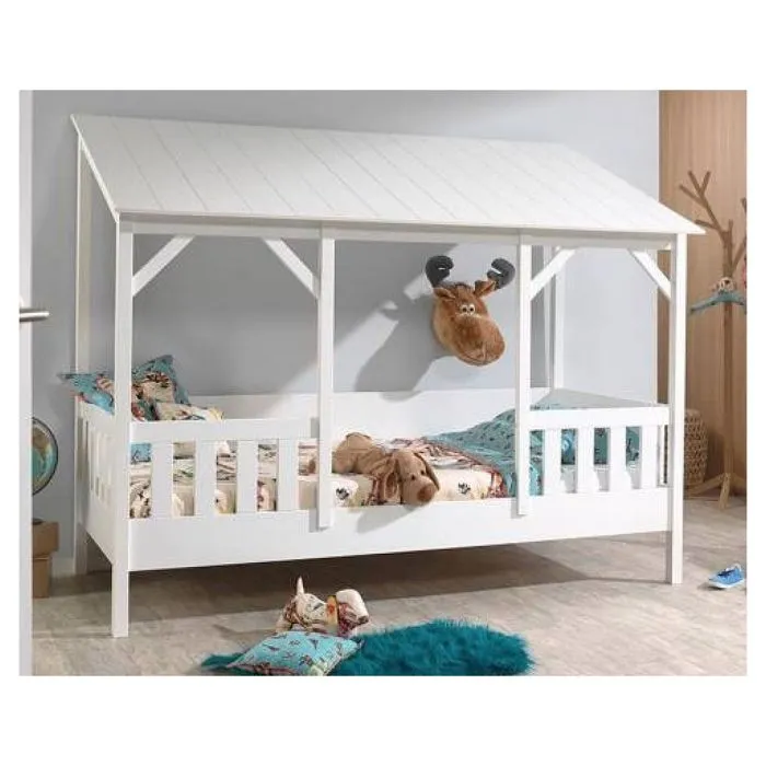 Lit cabane - Vipack - Malia - 90x200 cm - Toit blanc - Barrière de lit intégrée-2