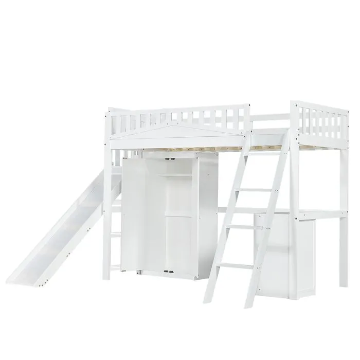 Lit mezzanine - Enfant - 90x200cm - Blanc - Toboggan - Bureau et armoire intégrés-5