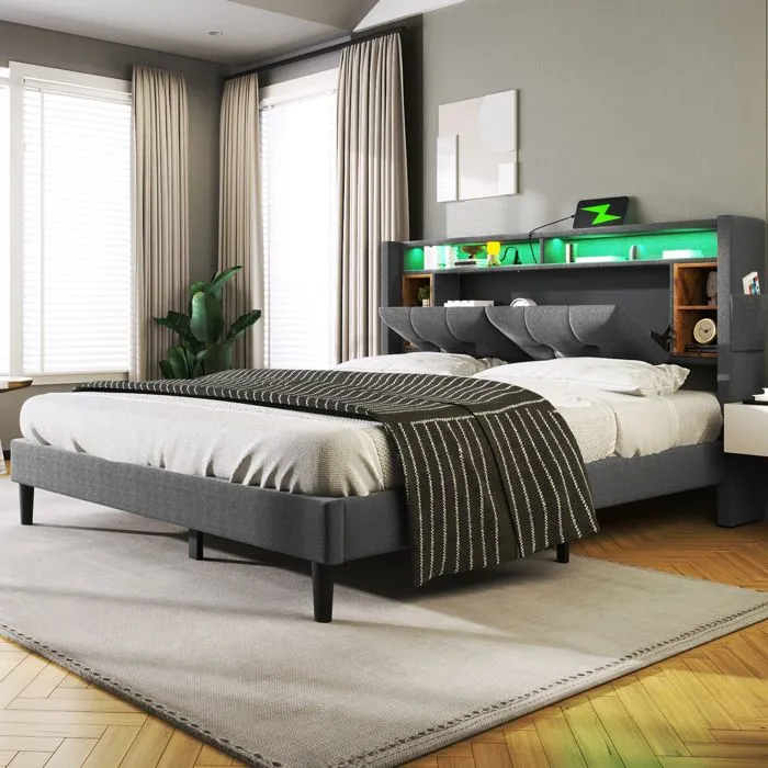 Lit adulte 140x200 cm - Tête de lit avec rangement , LED et ports USB - Sommier inclus - Gris-0
