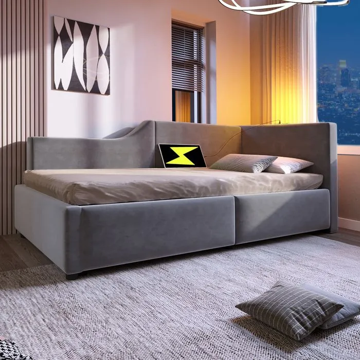 Lit coffre 90x200cm - Velours - Avec liseuse et ports USB-C - Sommier à lattes - Gris-3