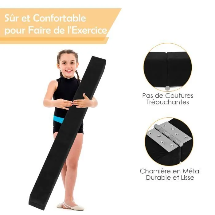 COSTWAY Poutre de Gymnastique Pliable 210cm pour Enfants avec Poignées de Transport 4 Patins Antidérapants Couverture en Daim Noir-1