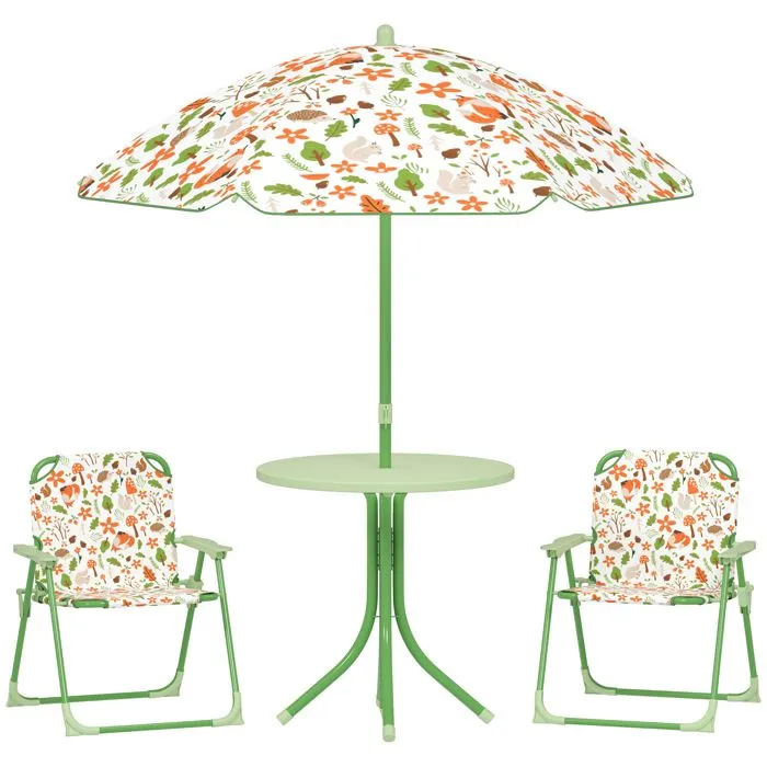 Ensemble salon de jardin extérieur enfant - AIYAPLAY - motif éléphant et girafe, parasol réglable Ø 100 cm, chaise pliable - vert-0