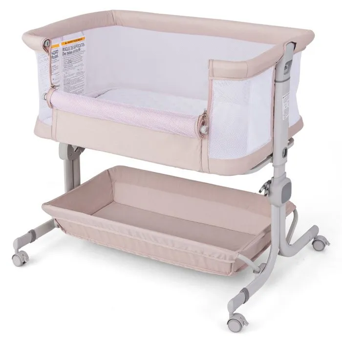 Lit Cododo Bébé avec Matelas 2,5cm COSTWAY-Dès la Naissance-9 kg-6 Hauteurs-4 Roulettes-Portable Pliable-Étagère de Rangement-Beige-0
