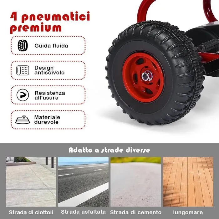COSTWAY Kart à Pédales Vélo et Véhicule pour Enfants Siège Réglable avec Frein à Main pour l'Extérieur, 3-6 Ans, Rouge-4