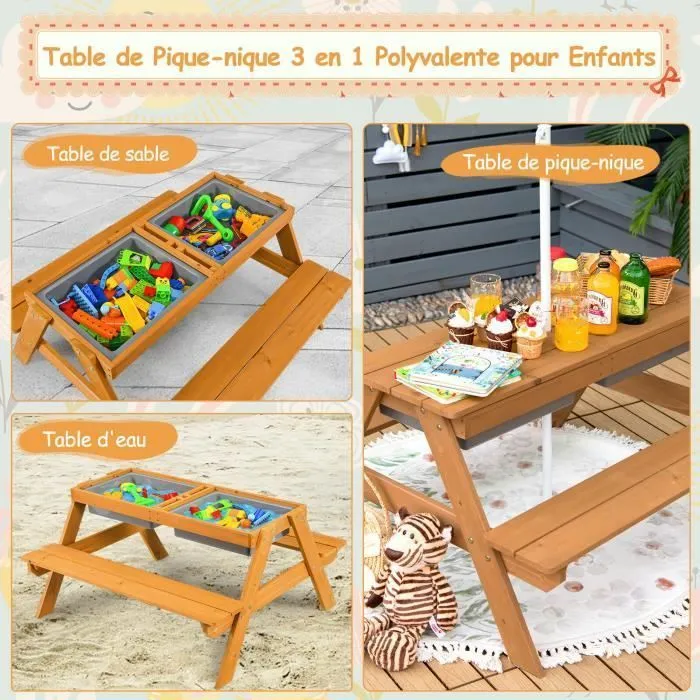 COSTWAY Table et 2 Bancs pour 4 Enfants avec Parasol , 2 Boîtes pour Sable & Eau, Plateau Amovible, 3-7 Ans-2