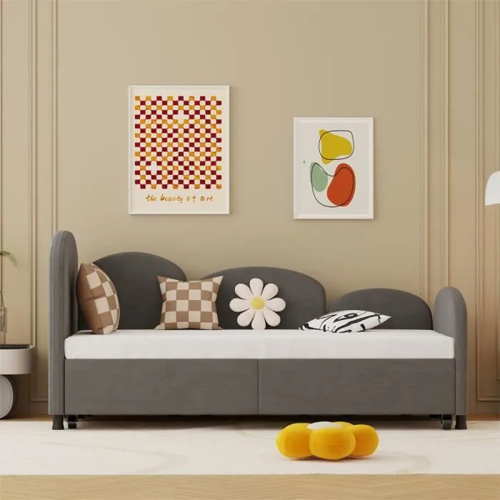Lit gigogne - Non spécifié - 90x200 cm - Velours gris - 2 paquets - 250KG max-1