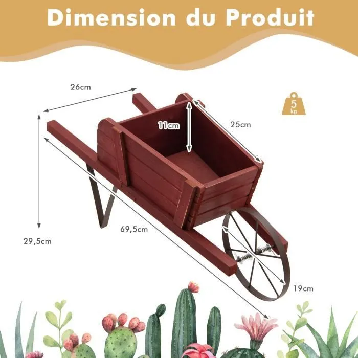 COSTWAY Brouette Décorative en Bois pour Plantes - Accessoires Magnétiques, Longues Poignées - Jardinière de Jardin à Roues - Rouge-3