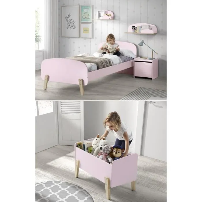 KIDDY Chambre enfant complète style scandinave en bois pin massif et MDF laqué vieux rose - l 90 x L 200 cm-0