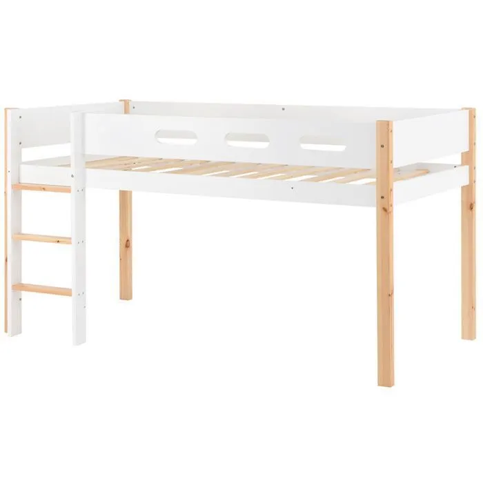 Lit mezzanine 90x200cm, avec armoire mobile, escalier, en bois massif, anti-chute, pin+MDF, naturel+blanc-2