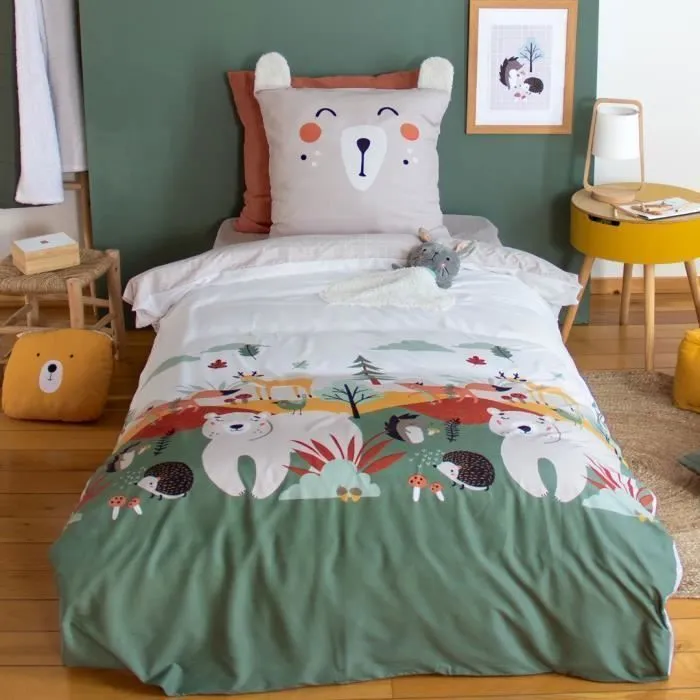 Parure de lit 140x200 cm enfant - Housse de Couette + Taie d'oreiller animaux de la forêt vert et beige avec poche doudou-0