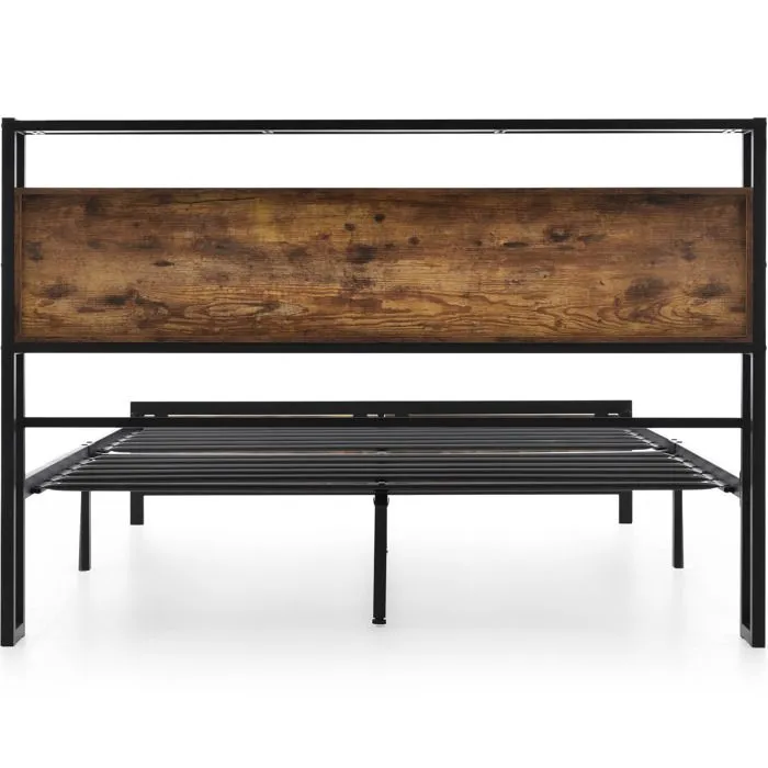 Lit double 140x200 cm - Métal - Noir et bois naturel - Tête de lit avec rangement - Style industriel-4