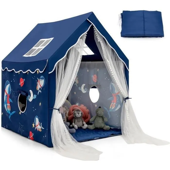 COSTWAY Tente de Jeux pour Enfants Intérieur, Cabane avec Fenêtres en Maille Respirante pour Enfants plus de 1 Ans Bleu-3