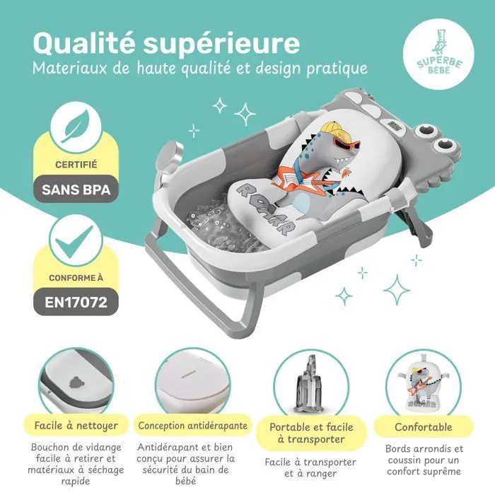 Baignoire bébé pliable - Thermomètre et coussin inclus - DINO - Grey | SUPERBE BEBE-3