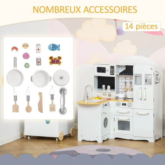 Cuisine pour enfant jeu d'imitation nombreux accessoires rangements évier réfrigérateur téléphone blanc-5