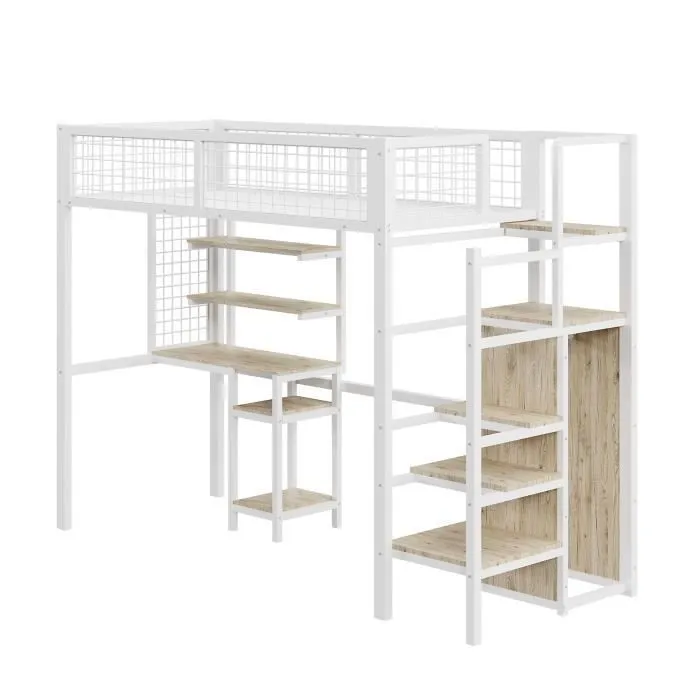 Lit mezzanine - DREAMMESPACE - 90x200cm - Blanc - Échelle de sécurité - Armoire intégrée-2