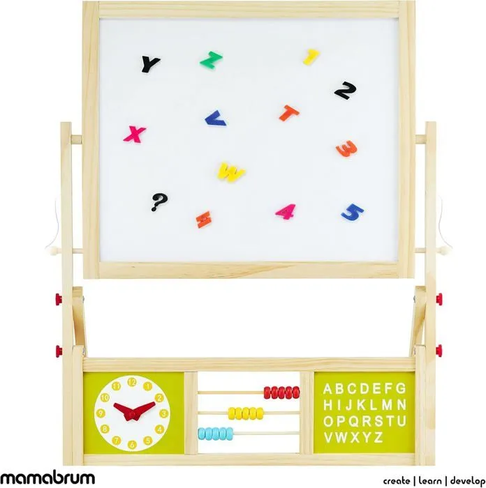 Mamabrum Tableau Enfant en Bois 98 x 45 x 42 cm Face Magnétique avec Marqueur + Tableau Noir à Craie - Horloge et Boulier - Chevalet-4
