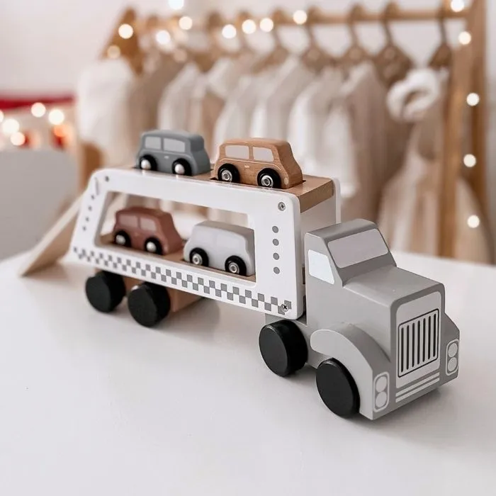 Mamabrum Camion Porte Voitures en Bois Premier âge - Transporteur avec Piste de remorquage – Dépanneuse à 4 Voitures Couleurs Pastel-1
