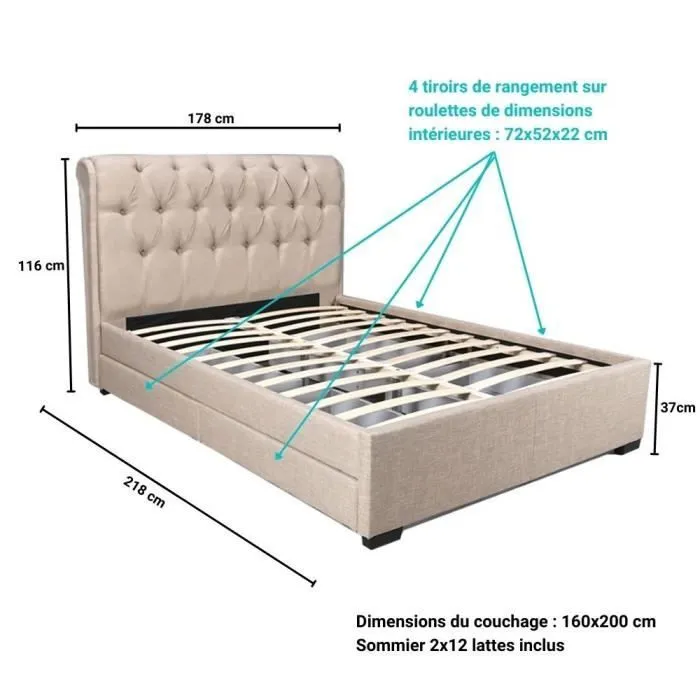 Lit avec tiroirs - LEQUAIDESAFFAIRES - CHELSEA 160x200 - Beige - Campagne-3