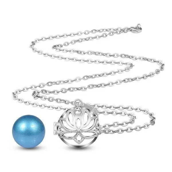 Bola de grossesse fleur de lotus avec boule bleue * Longueur collier : 114 cm * Matière pendentif : Cuivre, plaqué argent *-1