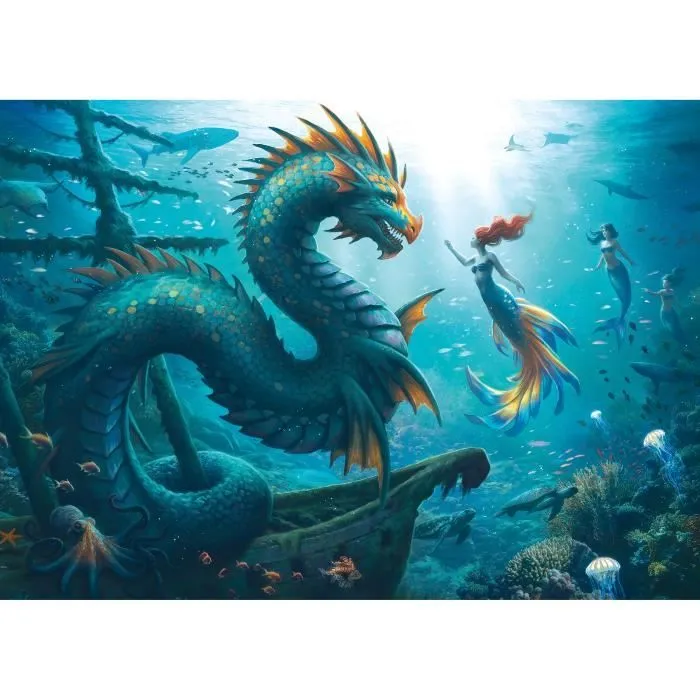 Puzzle 1000 pièces Dragon, sirène et tortues des profondeurs, dès 14 ans, Monstre, 12001434, Ravensburger-0