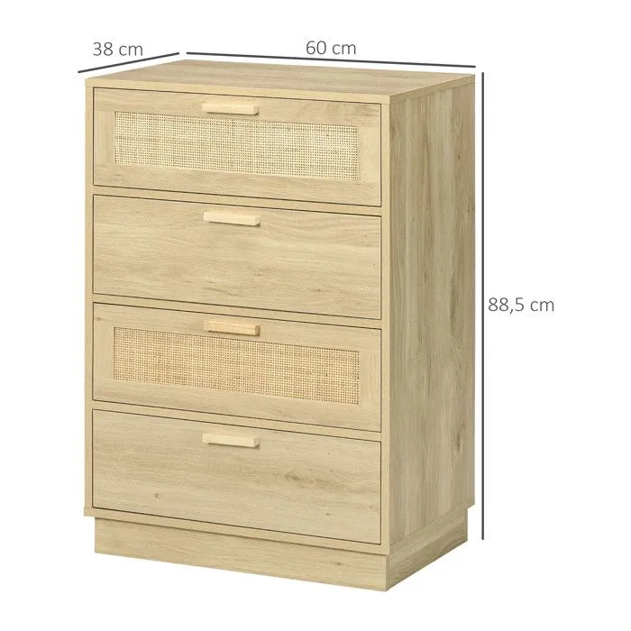 Commode design bohème en rotin - HOMCOM - 4 tiroirs - meuble de rangement - bois naturel-3