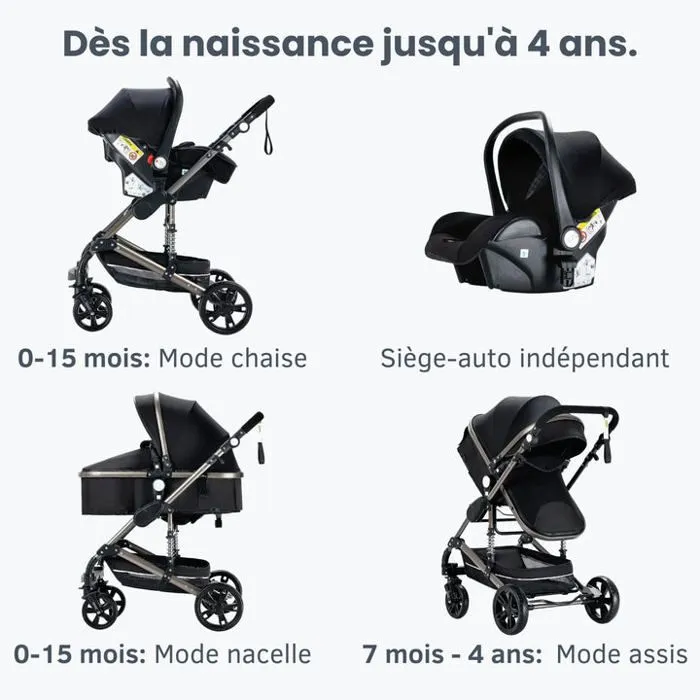 Poussette 3 en 1 Bébé Combinée Siège-Auto Nacelle Réversible Réglable Haute Qualité Roues increvables Canne rouge.bazarland30-1