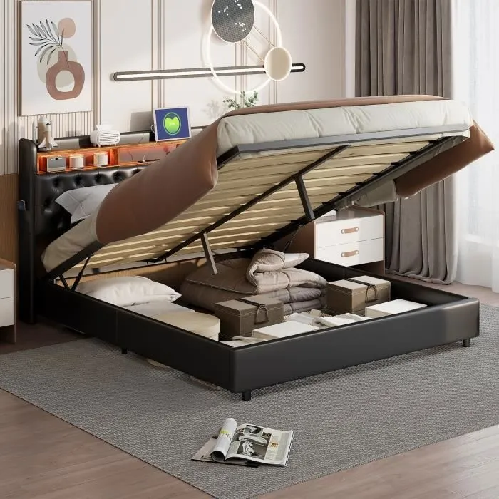 Lit coffre - MARQUE inconnue - 180x200cm - Cuir noir - Tête de lit LED - Rangement intégré-0