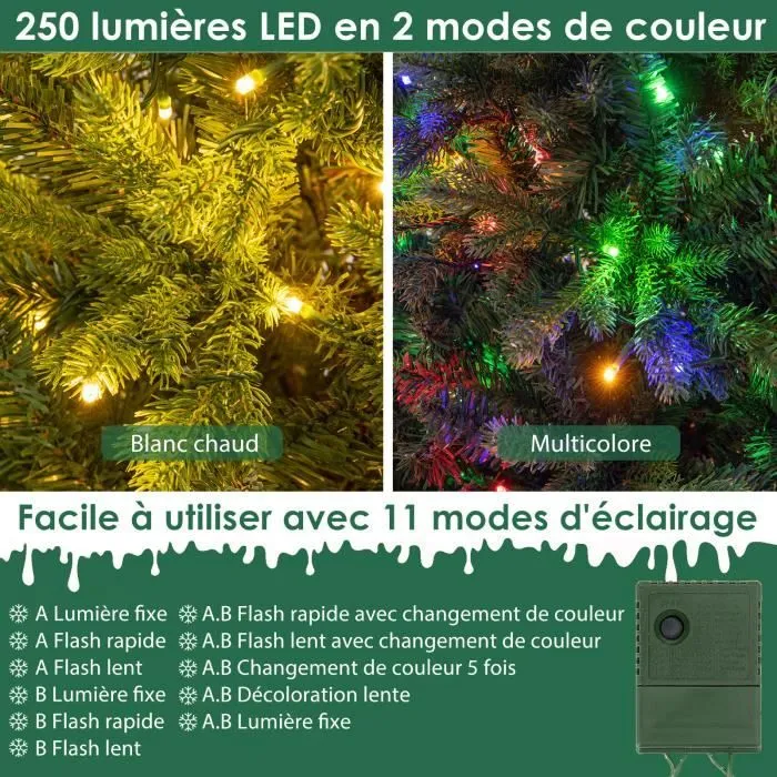 COSTWAY Sapin de Noël 150 cm Pré-éclairé 250 Lumières LED Multicolores/Blanc Chaud, 11 Modes d'Eclairage 844 Branches en PVC et PE-1