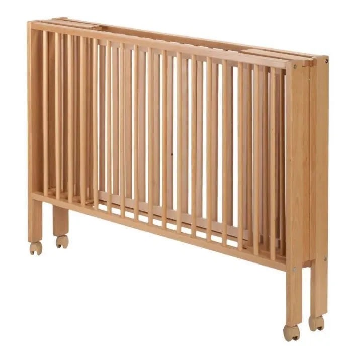 Lit bébé à barreaux pliable en hêtre massif naturel - Marque - Modèle - Dimensions 60x120 cm - Matelas inclus-0