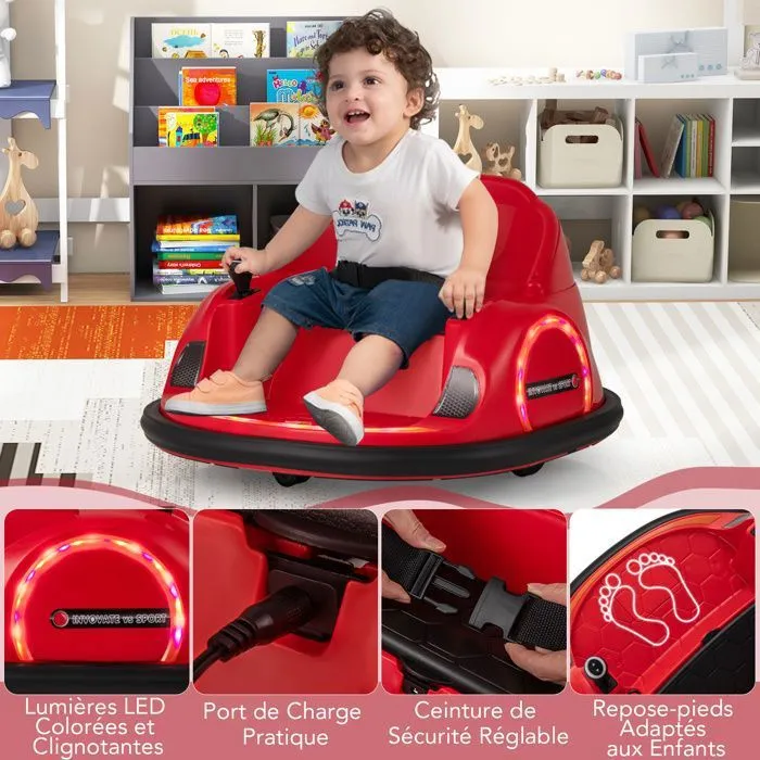 COSTWAY 12V Auto Tamponneuse Electrique pour Enfants, Connexion Sans Fi, LED, Musique, Rotation à 360°, 18+ Mois Rouge-4