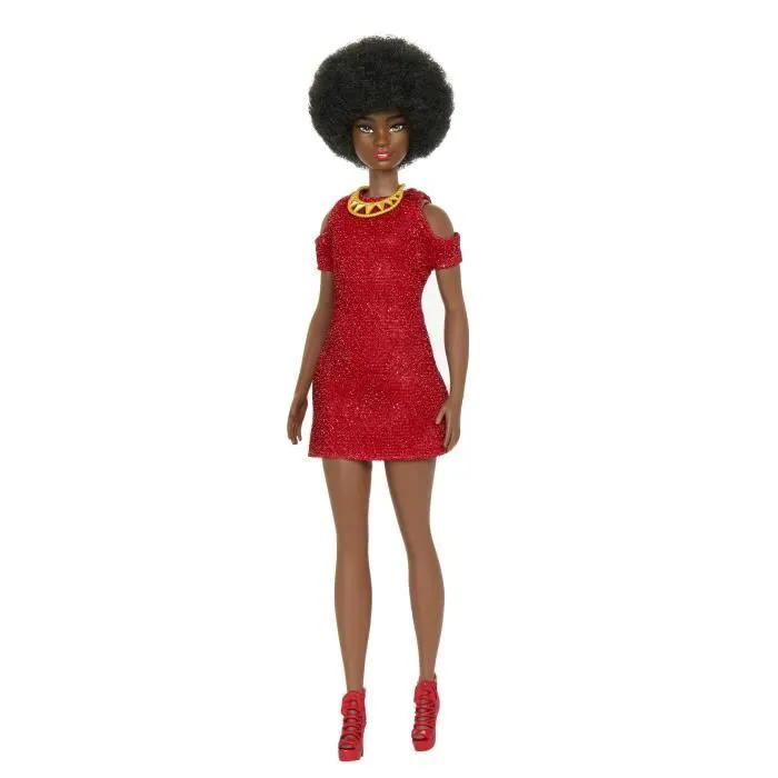 Barbie-Fashionistas 221-Poupée avec cheveux noirs et robe rouge HRH18-3