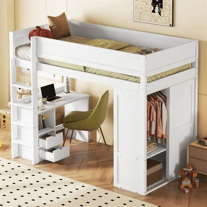 Lit mezzanine 90x200cm - DREAMMESPACE - Modèle - Armoire - Bureau - Tiroirs - Échelle - Sommier à lattes - Pin - Blanc-0