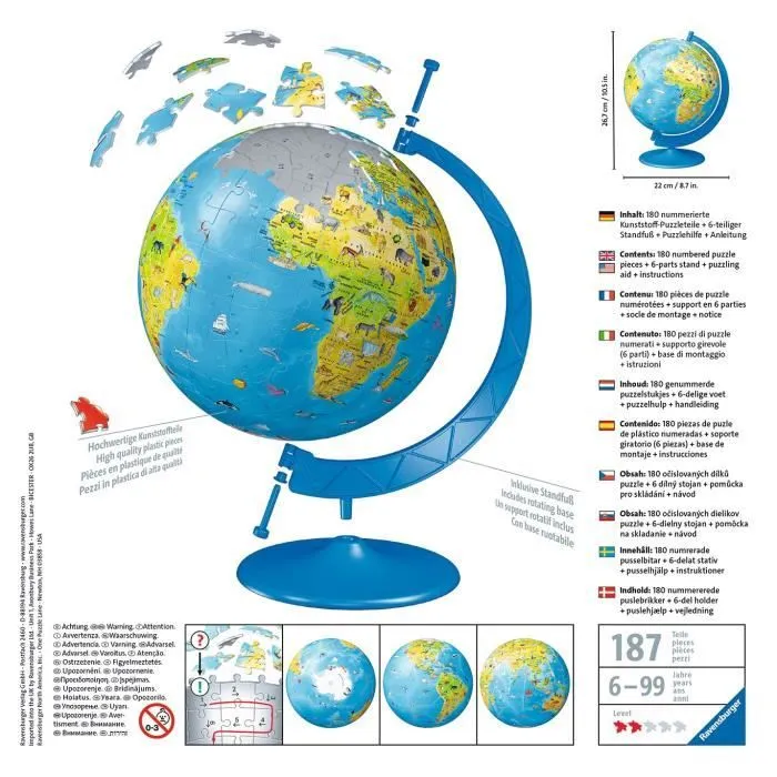 Puzzle 3D Globe terrestre 180 pièces - Ravensburger - Éducatif - Sans colle - Dès 7 ans-2