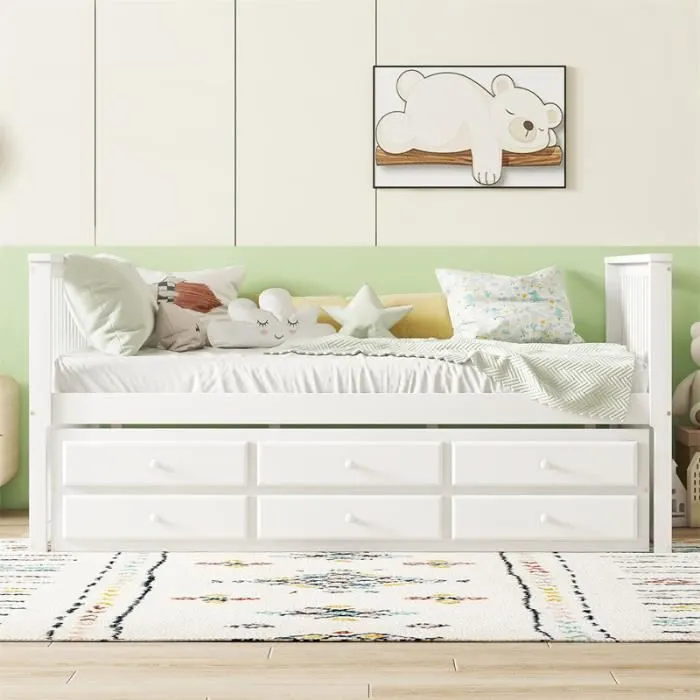 Lit gigogne - DREAMMESPACE - 140x200cm + 90x190cm - Bois massif - 3 tiroirs - Blanc-1