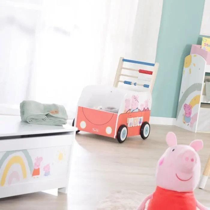 Trotteur Bébé Peppa Pig - Bus et Chariot Enfant - Horloge Boulier et Éléments à Tourner - Bois Rose - Blanc-2