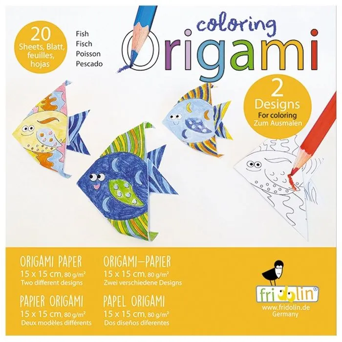 Kit Origami - Fridolin - Poisson - 20 Feuilles - 15x15 cm - À colorier-0