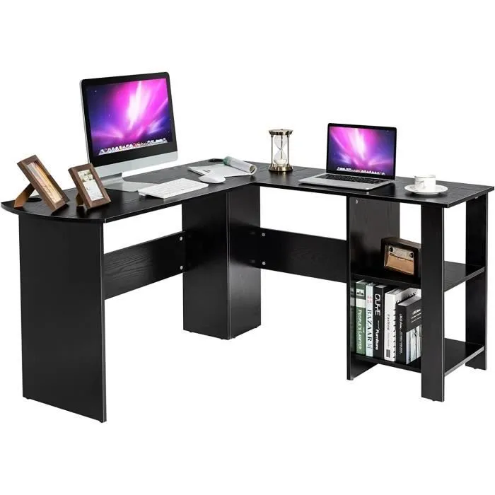 COSTWAY Bureau d'Angle en Forme de L - L 130 x P 130 x H 72,5 CM - Étagères - Panneaux de Particules - Contemporain - Noir-0