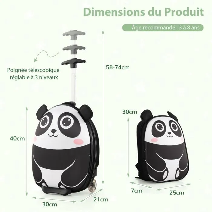 COSTWAY Valise Enfant à Roulettes 16’’ + Sac à Dos 12’’, Ensemble de Bagage Enfants avec Motif Panda, Voyages en Avion, Blanc-3