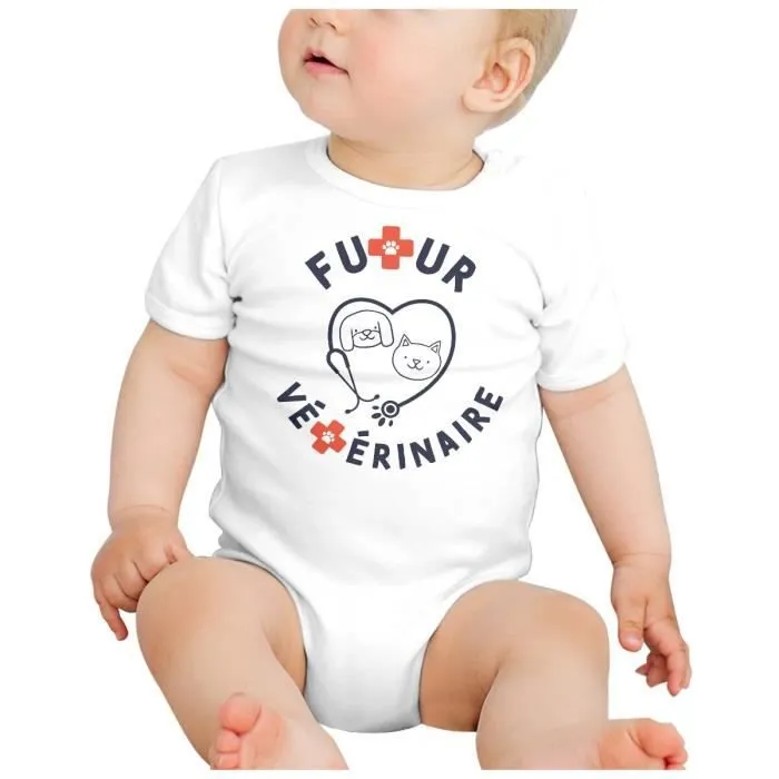 Body Bébé Manche Courte Blanc Futur Vétérinaire Métier Animaux Chien Chat-1