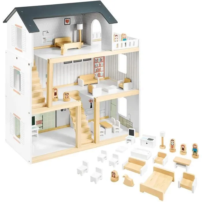 Mamabrum Maison de Poupées en Bois avec Grande Terrasse 4 Figurines, 3 Etages, 2 Chambres, Cuisine, Salon & 19 Pièces Mobiles (CE)-0