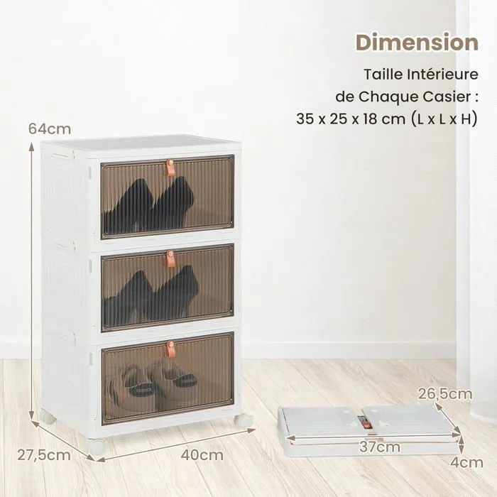 COSTWAY Boîte Rangement Plastique 3 Niveaux, 360° Roulette Verrouillable, Boîte à Chaussures avec Porte Magnétique Transparente-5