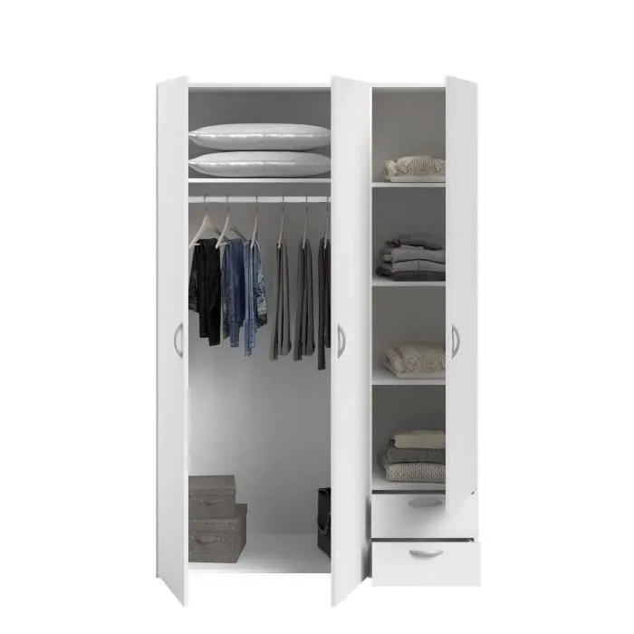 Armoire VARIA - Décor blanc - 3 portes + 2 tiroirs - L 120 x H 185 x P 51 cm - PARISOT-3