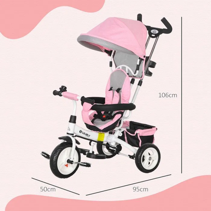 Tricycle Enfant HOMCOM évolutif Pare-Soleil Pliable Canne télescopique Amovible 95 x 50 x 106 cm Acier Rose-3