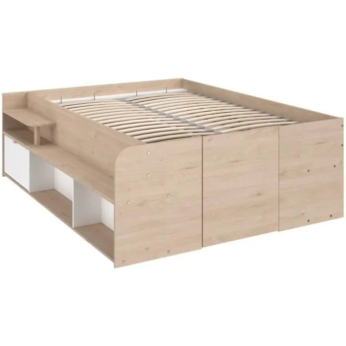 ODYSSEE Lit coffre adulte - 140x190/200 cm - Avec coffre relevable - Décor chêne et Blanc - 168,3x66,5x209,5 cm-6